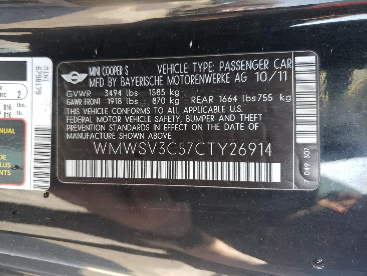 Photo 10 from auction – 2012 MINI COOPER S with VIN WMWSV3C57CTY26914