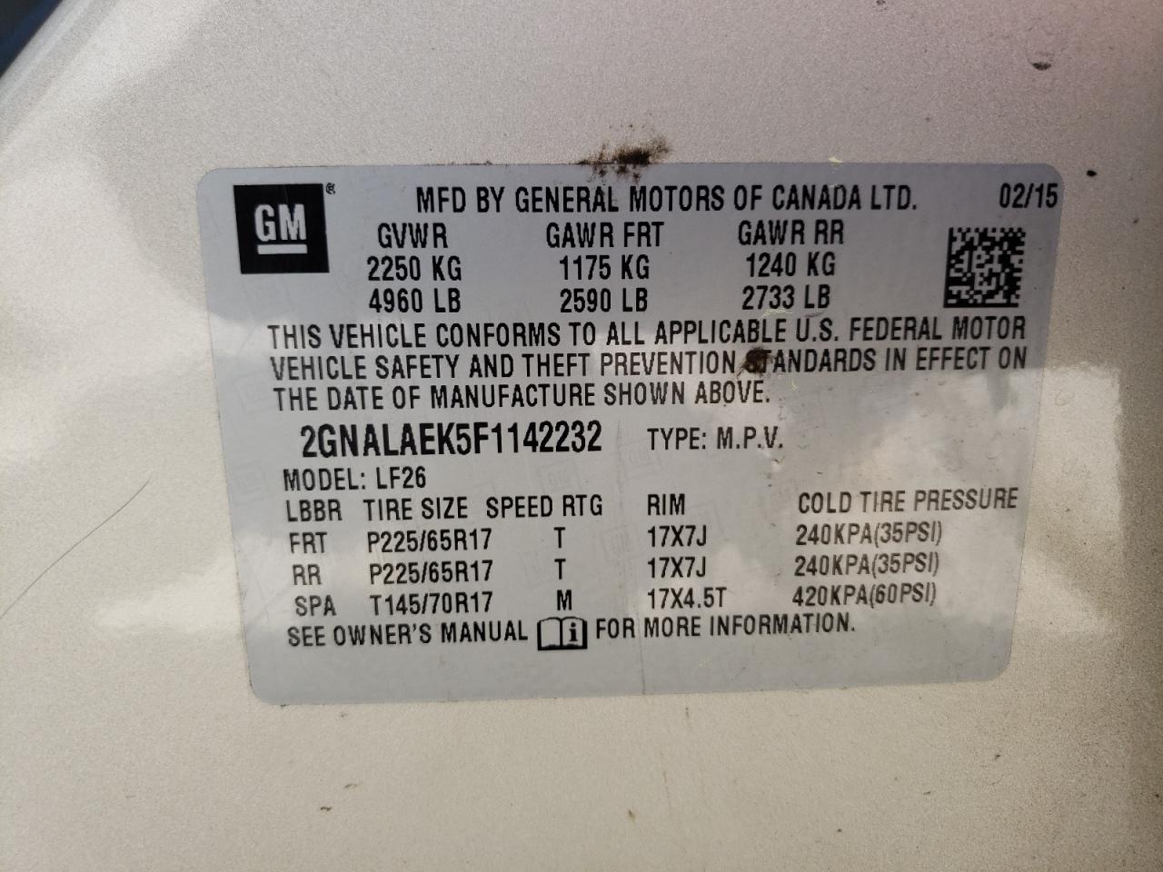 Photo 10 from auction – 2015 CHEVROLET EQUINOX LS with VIN 2GNALAEK5F1142232