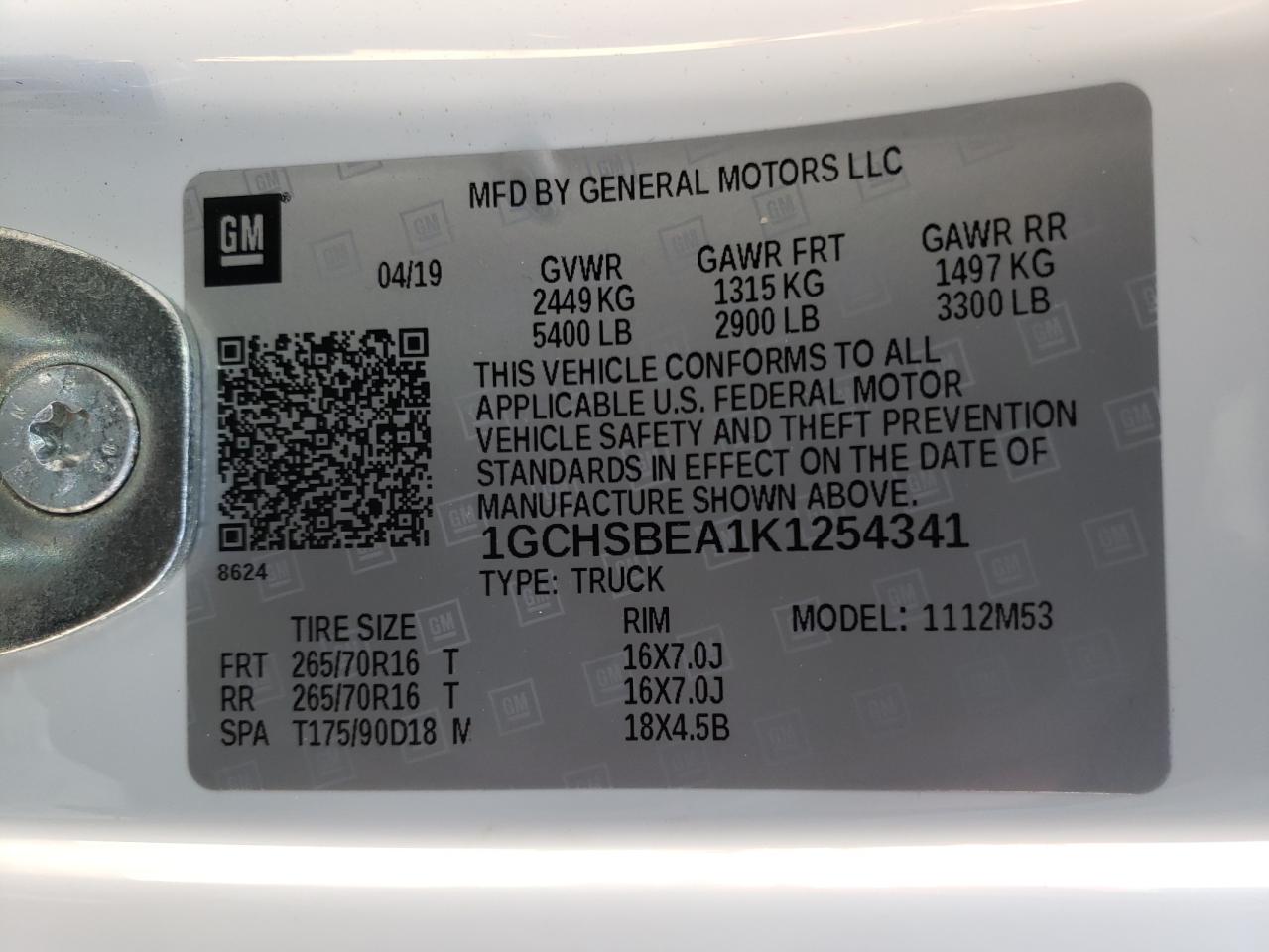 Photo 10 from auction – 2019 CHEVROLET COLORADO with VIN 1GCHSBEA1K1254341