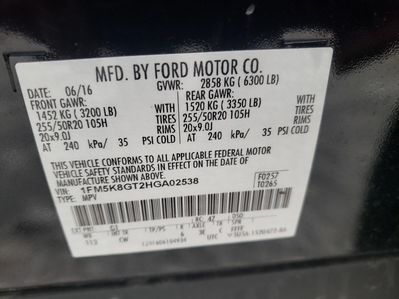 Photo 10 from auction – 2017 FORD EXPLORER S with VIN 1FM5K8GT2HGA02538