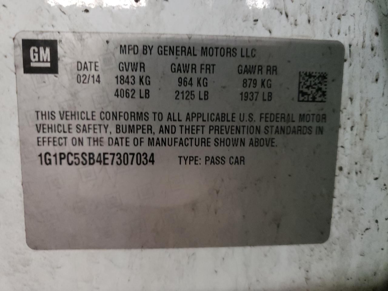 Photo 10 from auction – 2014 CHEVROLET CRUZE LT with VIN 1G1PC5SB4E7307034