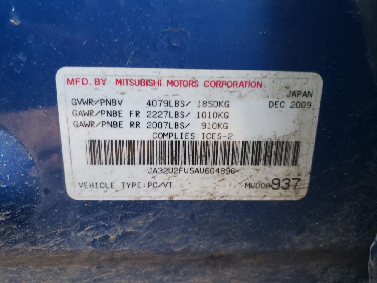 Photo 10 from auction – 2010 MITSUBISHI LANCER ES/ with VIN JA32U2FU5AU604896