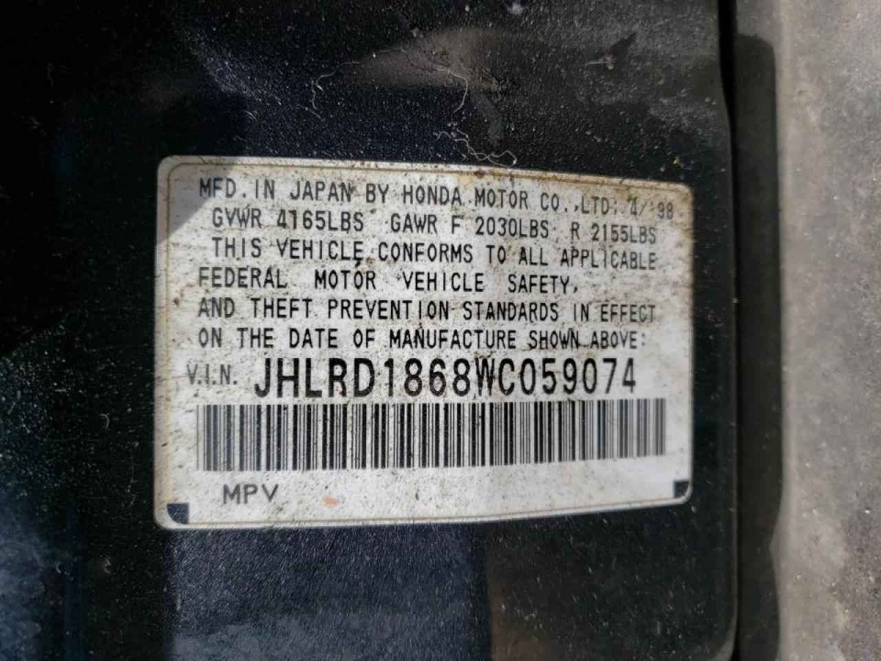 Photo 10 from auction – 1998 HONDA CR-V EX with VIN JHLRD1868WC059074