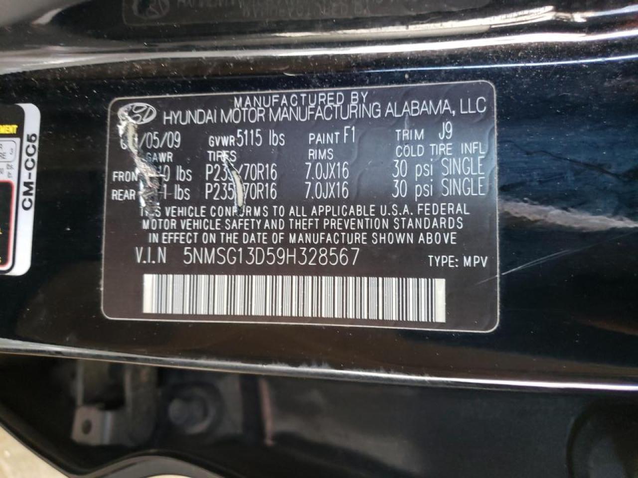 Photo 10 from auction – 2009 HYUNDAI SANTA FE G with VIN 5NMSG13D59H328567