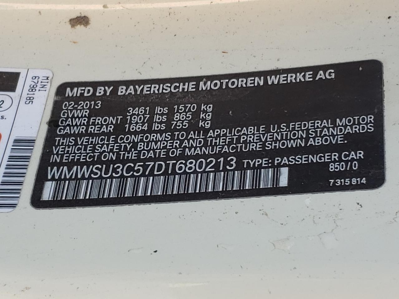 Photo 10 from auction – 2013 MINI COOPER with VIN WMWSU3C57DT680213