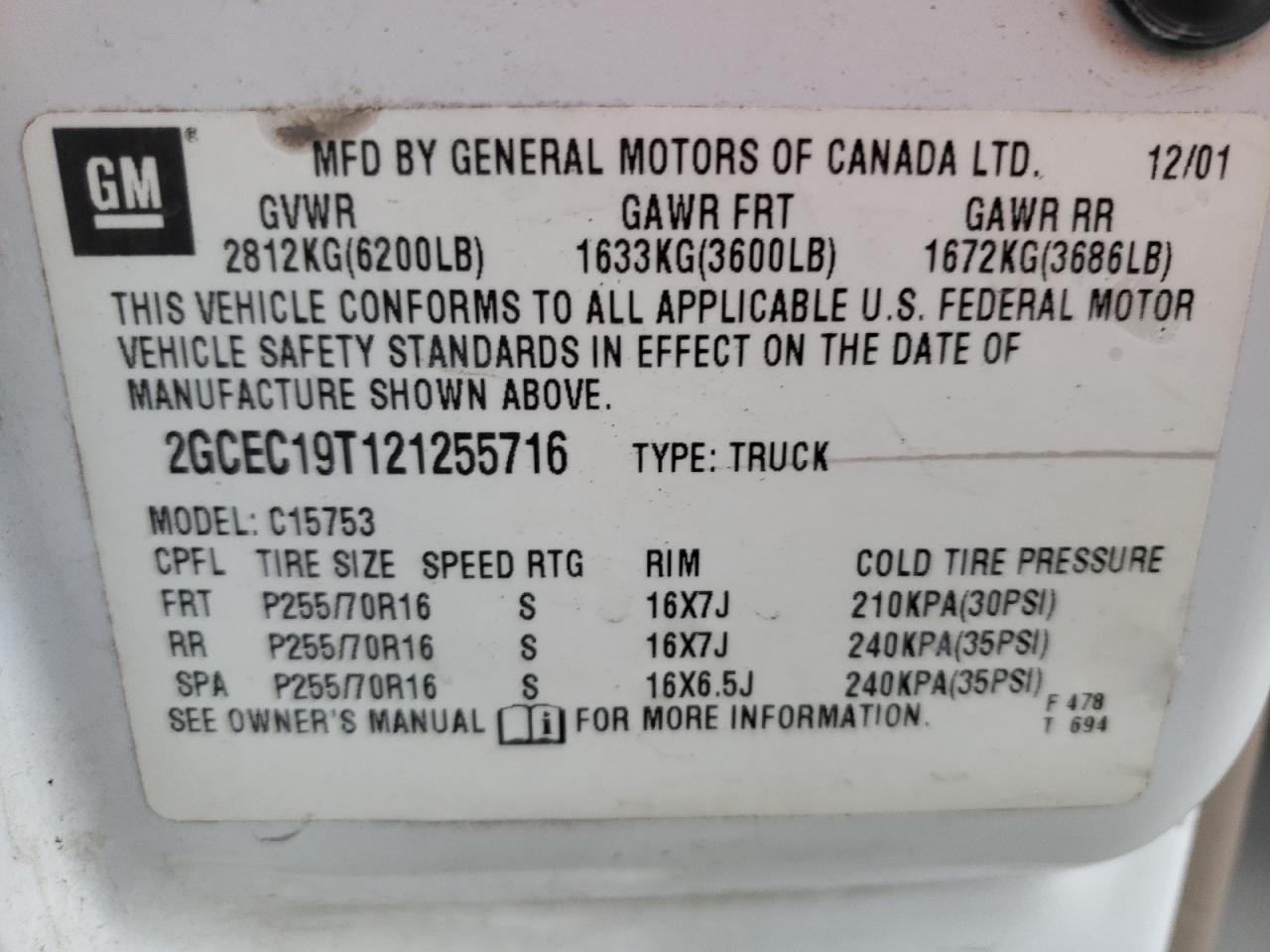 Photo 10 from auction – 2002 CHEVROLET SILVERADO with VIN 2GCEC19T121255716