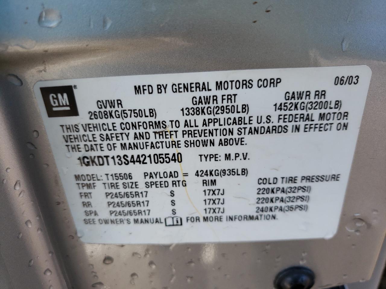 Photo 10 from auction – 2004 GMC ENVOY with VIN 1GKDT13S442105540