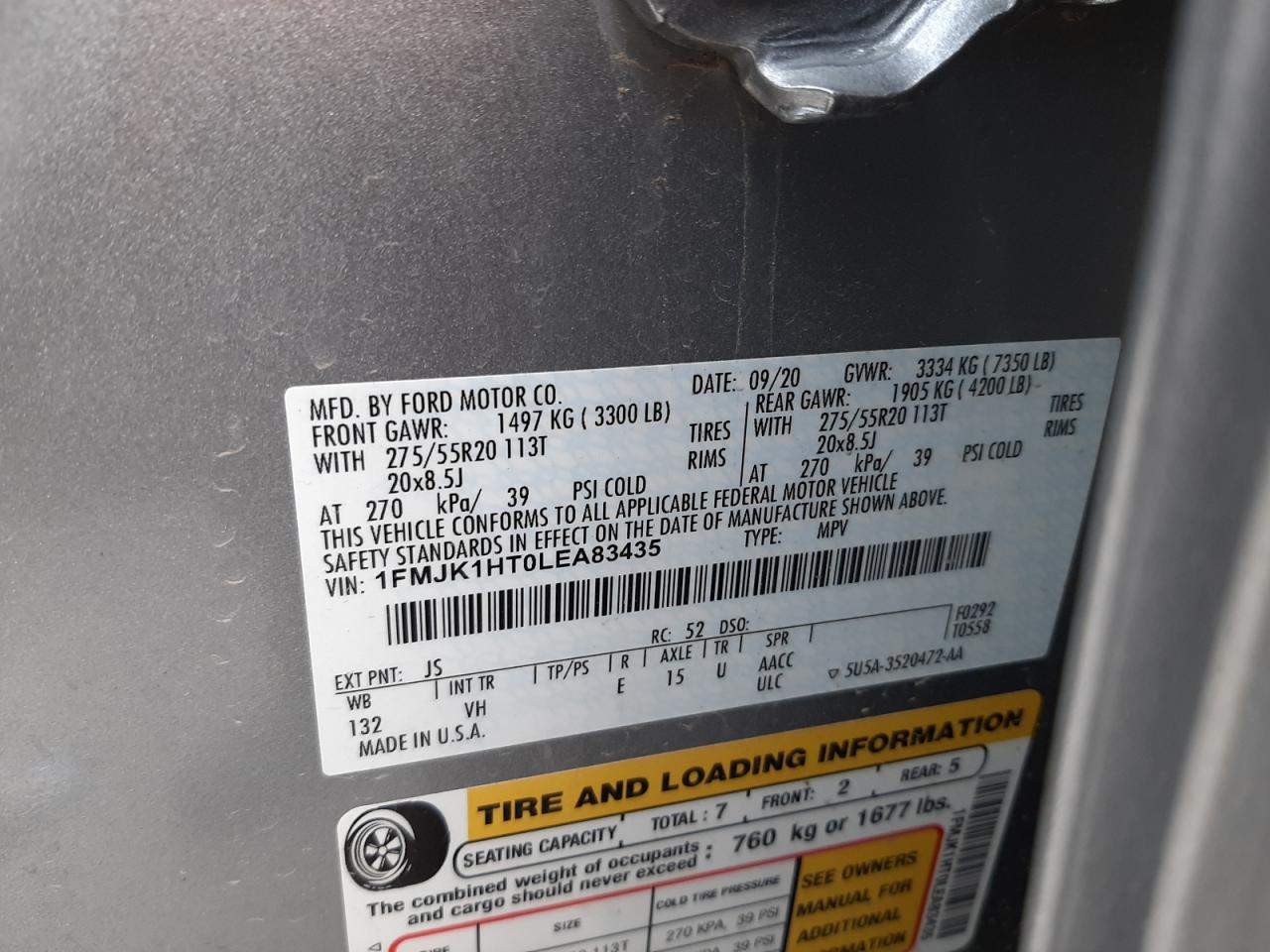 Photo 10 from auction – 2020 FORD EXPEDITION with VIN 1FMJK1HT0LEA83435