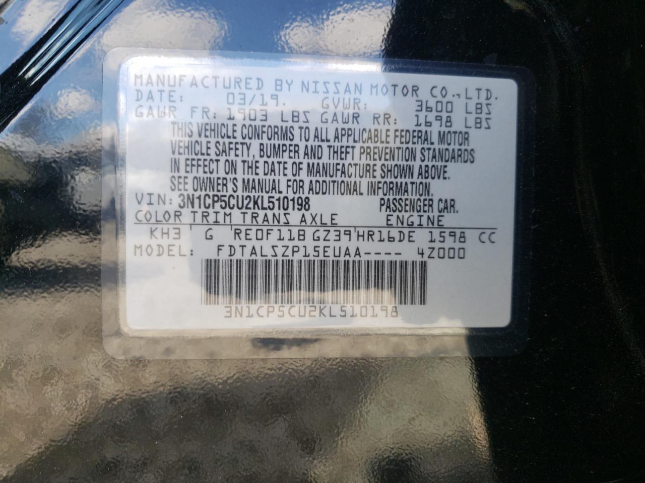 Photo 10 from auction – 2019 NISSAN KICKS S with VIN 3N1CP5CU2KL510198
