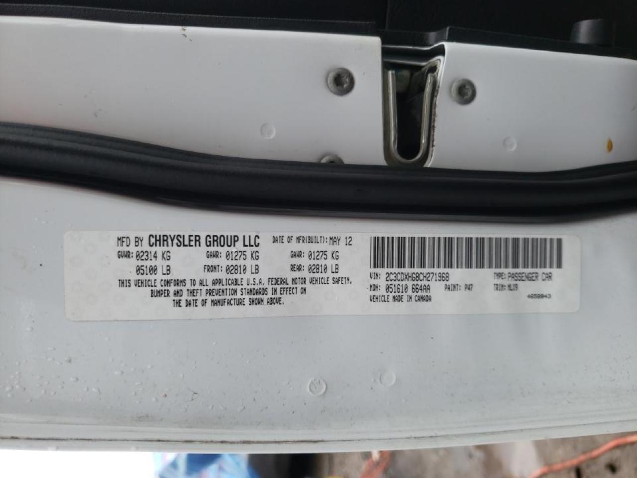 Photo 10 from auction – 2012 DODGE CHARGER SX with VIN 2C3CDXHG8CH271968