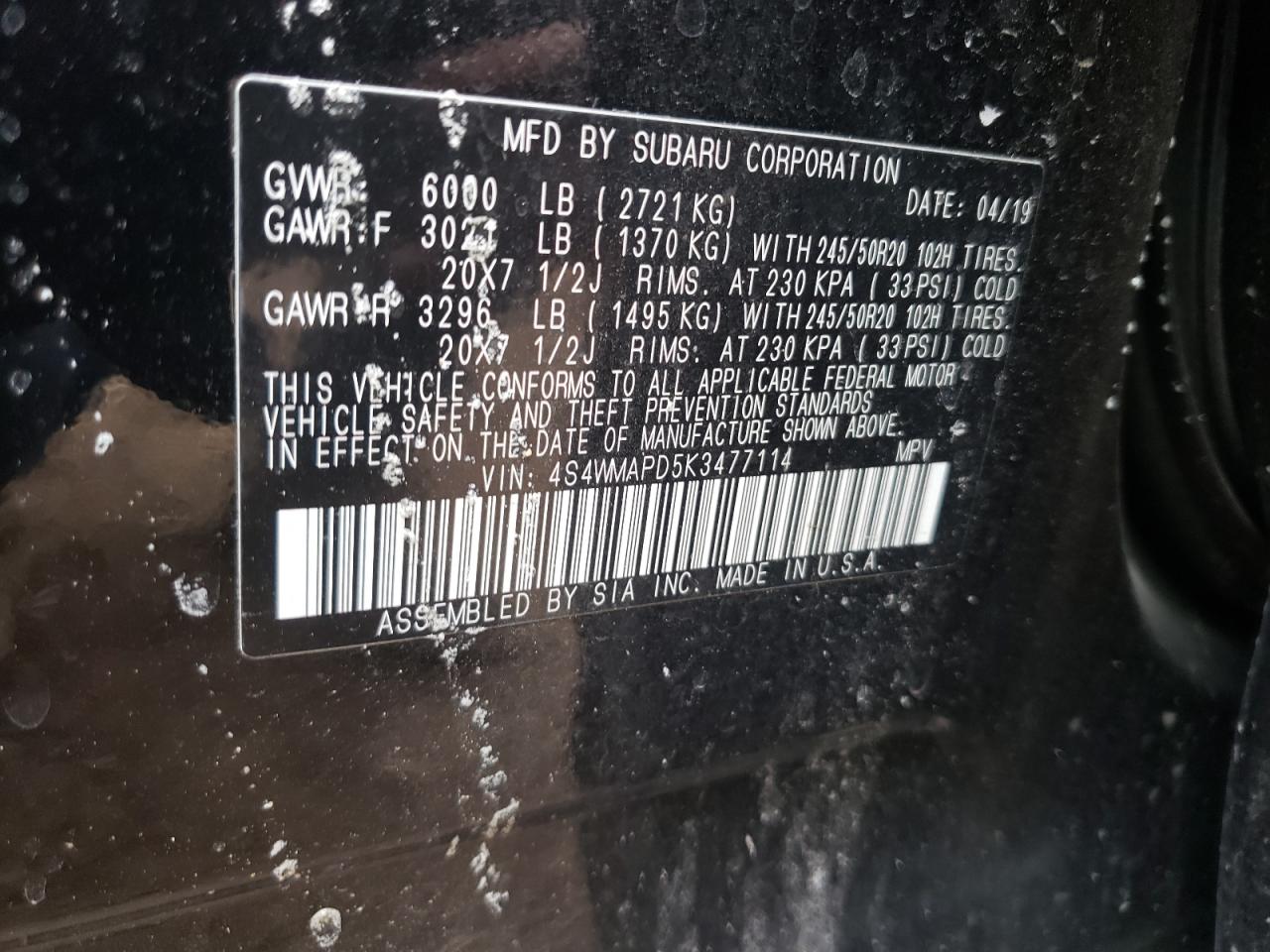 Photo 10 from auction – 2019 SUBARU ASCENT LIM with VIN 4S4WMAPD5K3477114