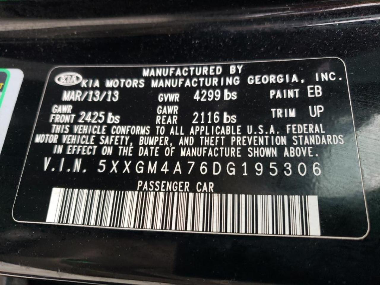 Photo 10 from auction – 2013 KIA OPTIMA LX with VIN 5XXGM4A76DG195306