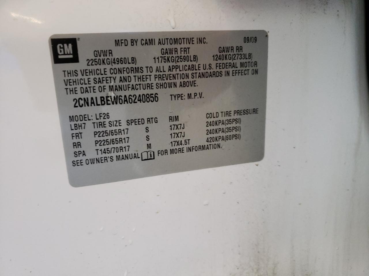 Photo 10 from auction – 2010 CHEVROLET EQUINOX LS with VIN 2CNALBEW6A6240856