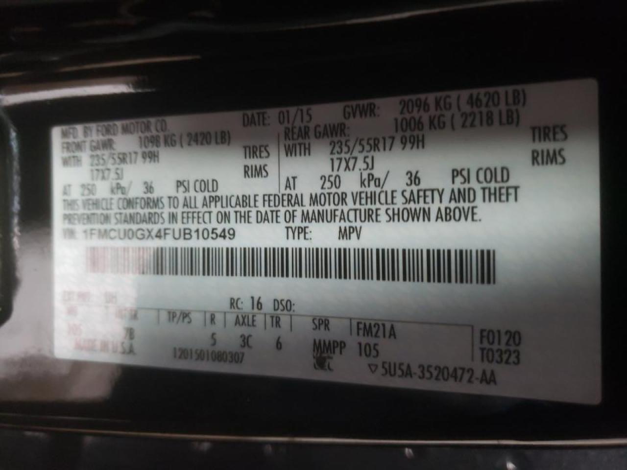 Photo 10 from auction – 2015 FORD ESCAPE SE with VIN 1FMCU0GX4FUB10549