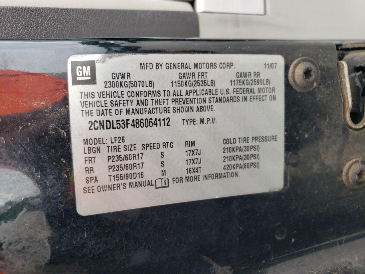 Photo 10 from auction – 2008 CHEVROLET EQUINOX LT with VIN 2CNDL53F486064112