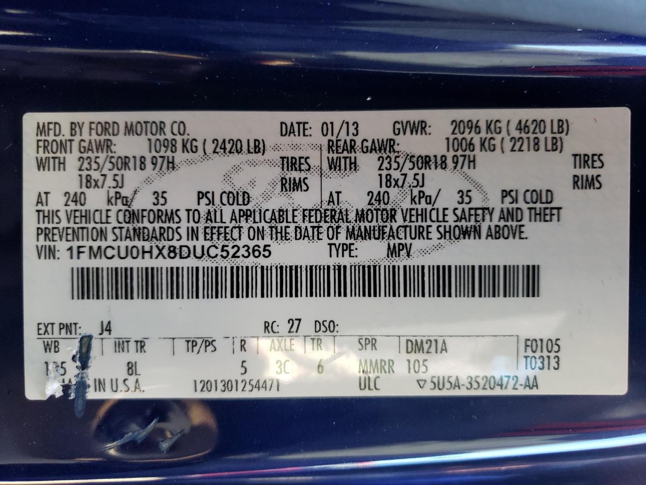 Photo 10 from auction – 2013 FORD ESCAPE SEL with VIN 1FMCU0HX8DUC52365