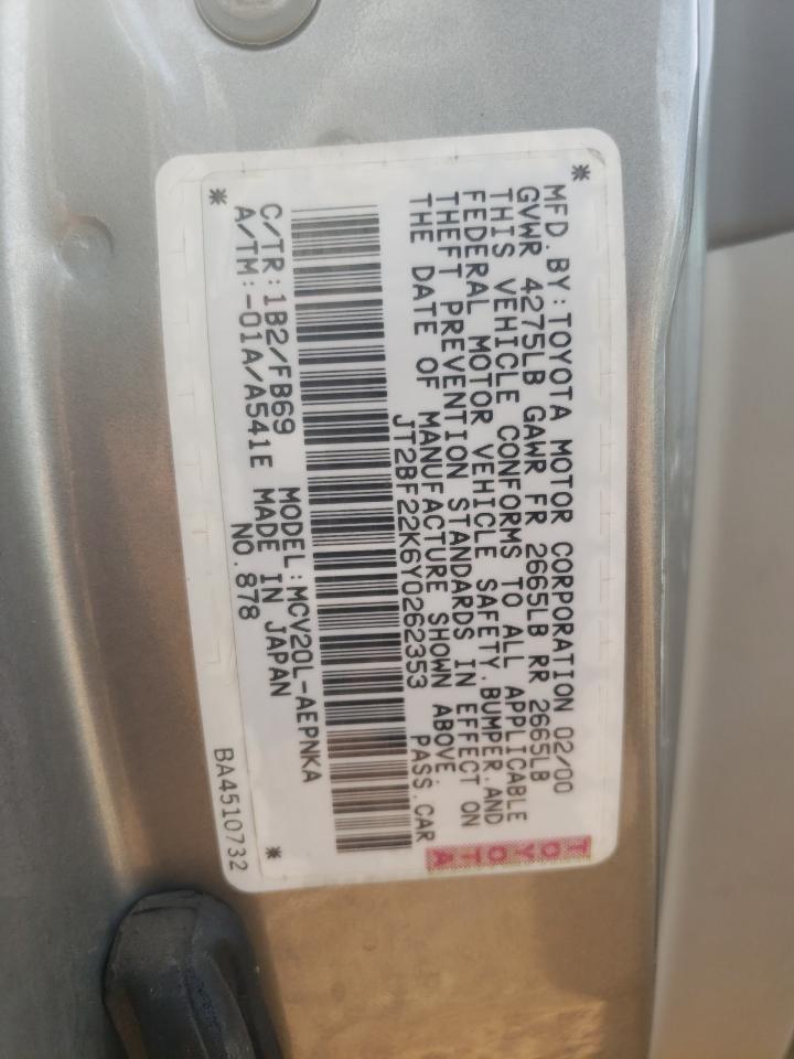 Photo 10 from auction – 2000 TOYOTA CAMRY CE with VIN JT2BF22K6Y0262353