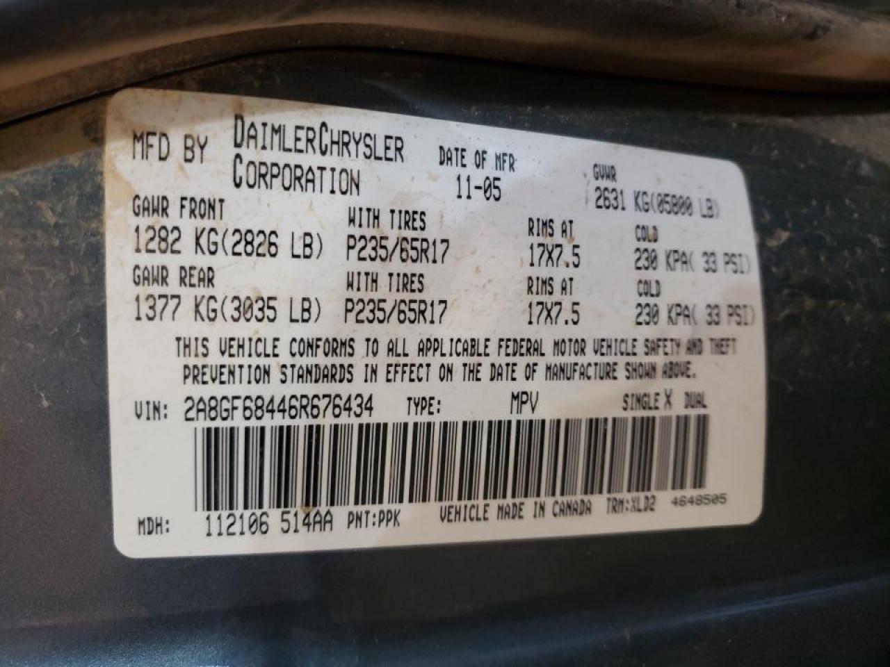 Фото 10 с аукциона – 2006 CHRYSLER PACIFICA T с VIN 2A8GF68446R676434