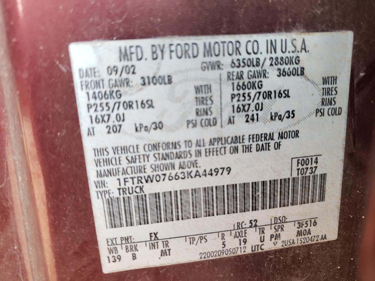 Photo 10 from auction – 2003 FORD F150 SUPER with VIN 1FTRW07663KA44979