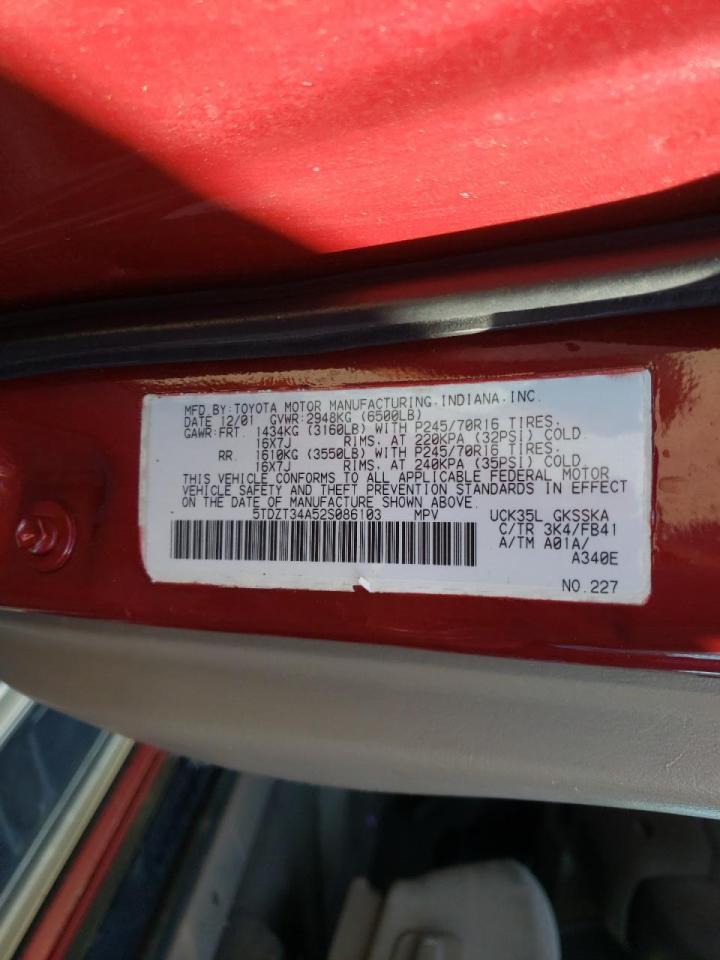 Photo 10 from auction – 2002 TOYOTA SEQUOIA SR with VIN 5TDZT34A52S086103