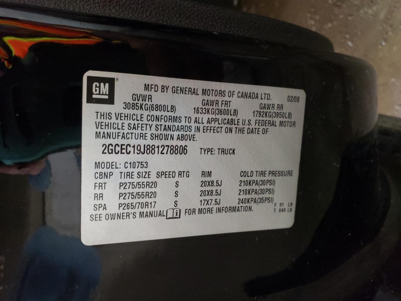 Photo 10 from auction – 2008 CHEVROLET SILVRK1500 with VIN 2GCEC19J881278806