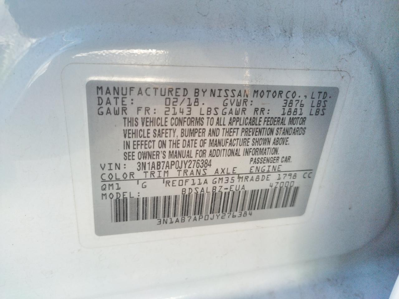 Photo 10 from auction – 2018 NISSAN SENTRA S with VIN 3N1AB7AP0JY276384