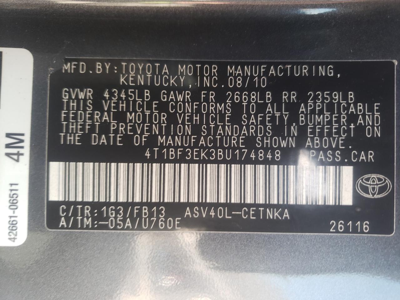 Фото 10 с аукциона – 2011 TOYOTA CAMRY BASE с VIN 4T1BF3EK3BU174848