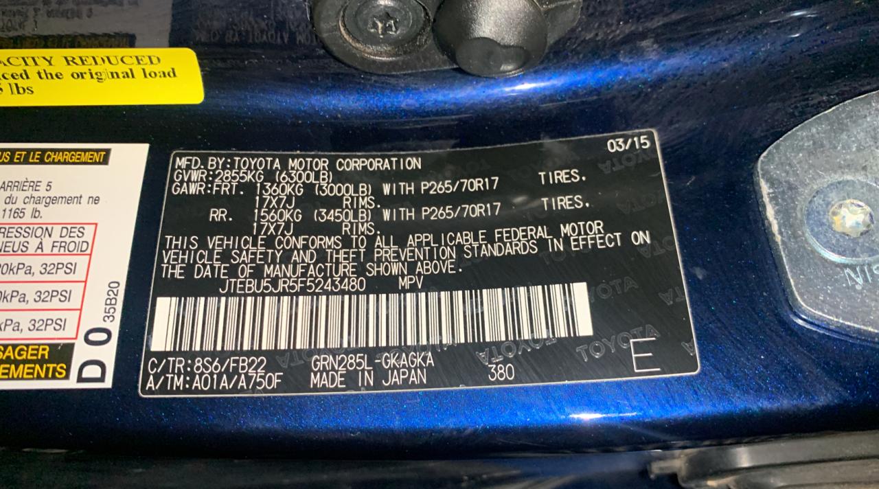 Photo 10 from auction – 2015 TOYOTA 4RUNNER SR with VIN JTEBU5JR5F5243480