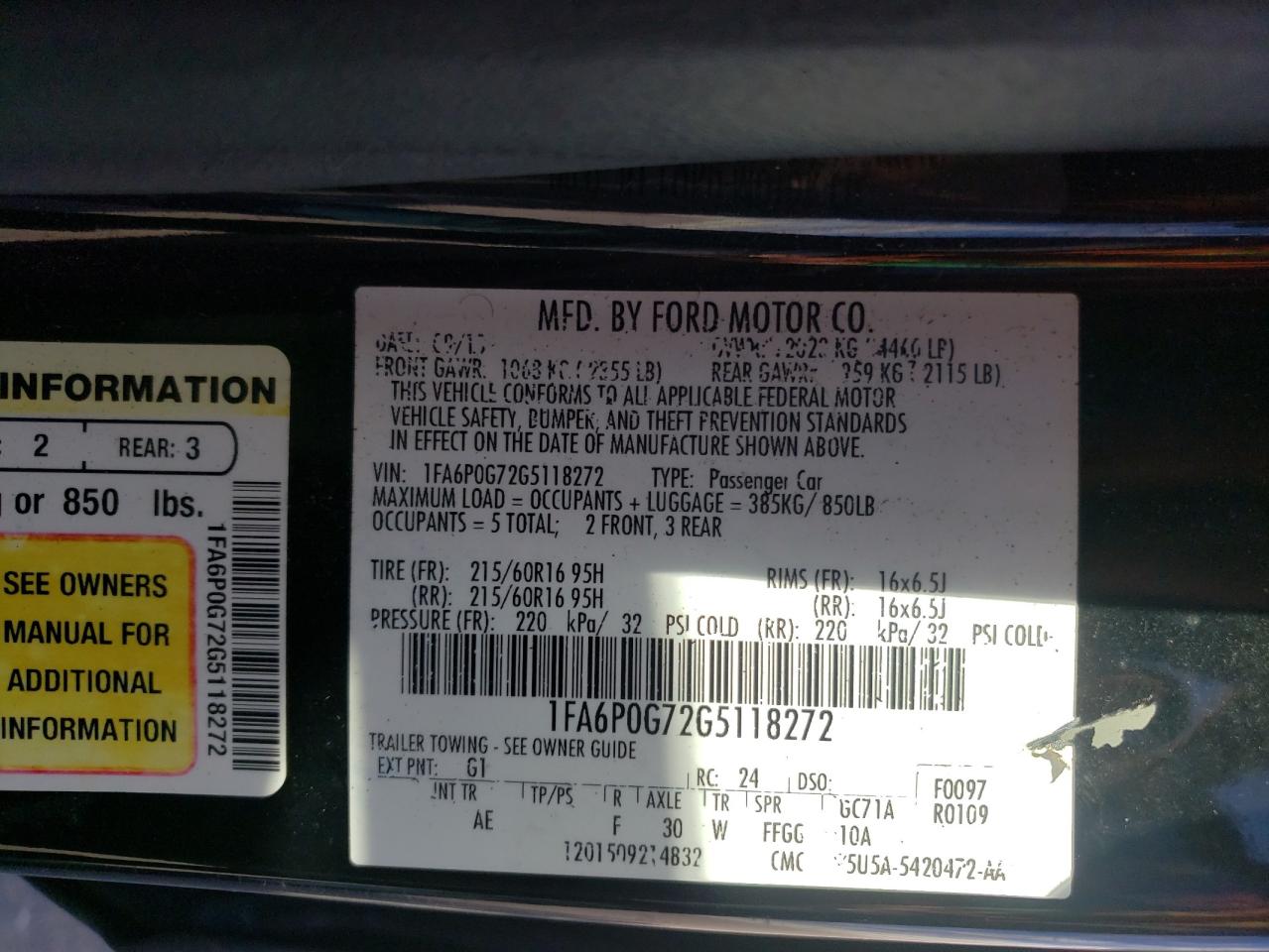 Photo 10 from auction – 2016 FORD FUSION S with VIN 1FA6P0G72G5118272