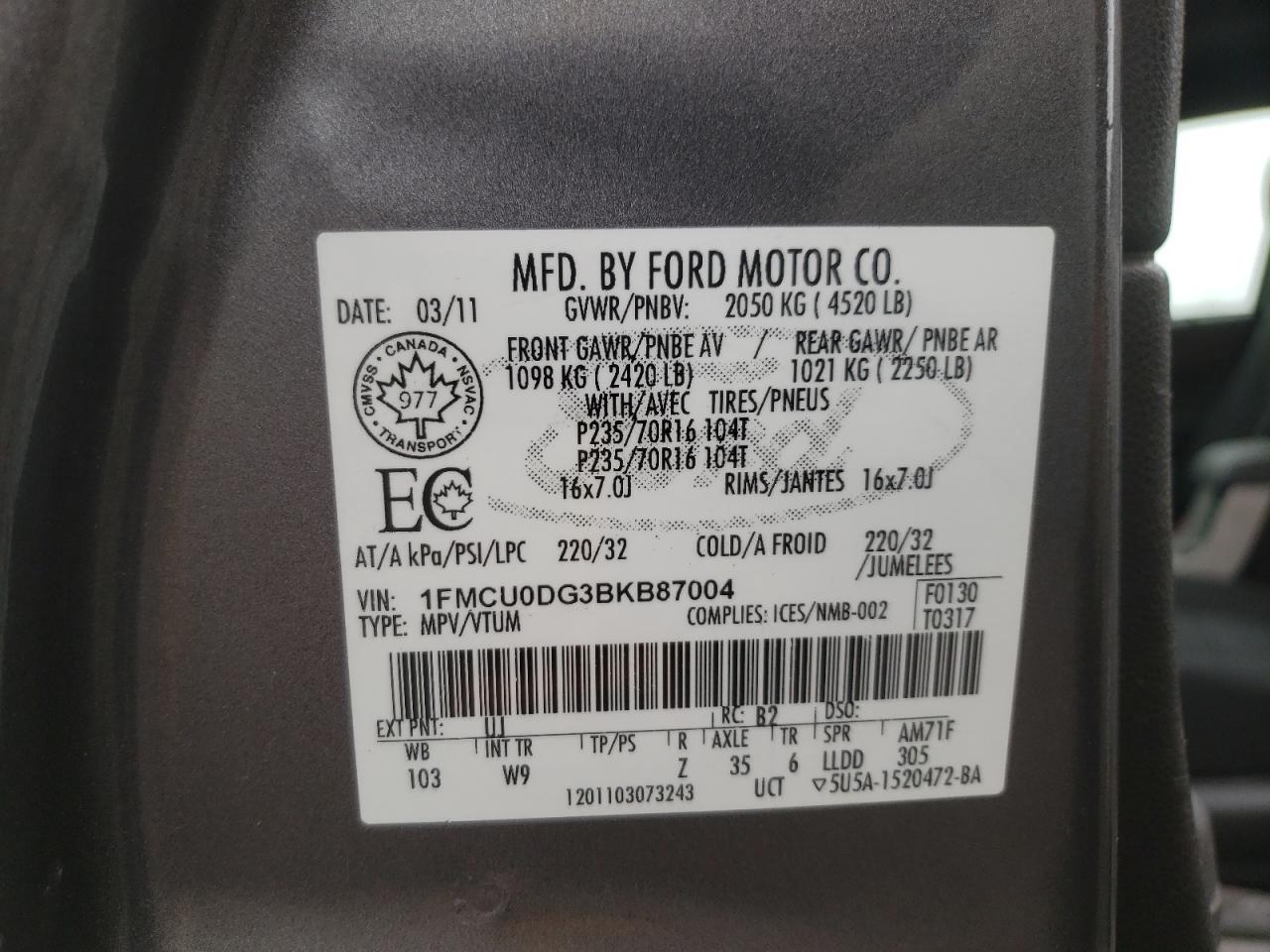 Photo 10 from auction – 2011 FORD ESCAPE XLT with VIN 1FMCU0DG3BKB87004