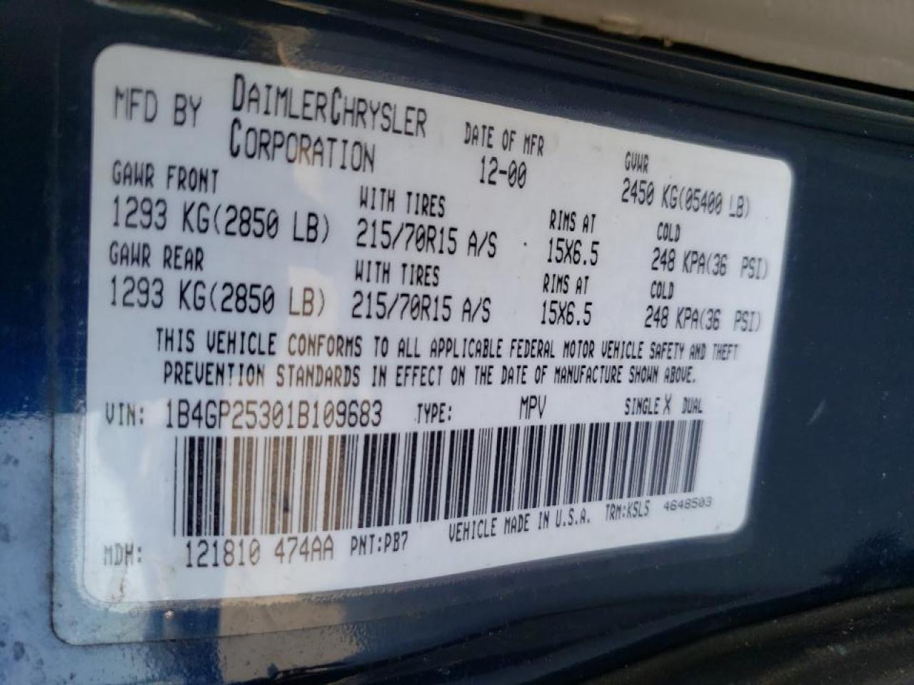 Photo 10 from auction – 2001 DODGE CARAVAN SE with VIN 1B4GP25301B109683