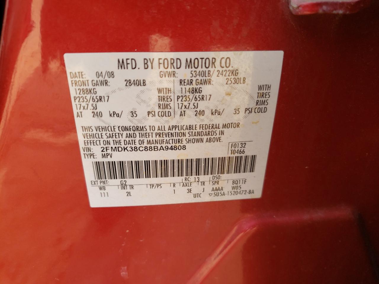 Photo 10 from auction – 2008 FORD EDGE SEL with VIN 2FMDK38C88BA94808