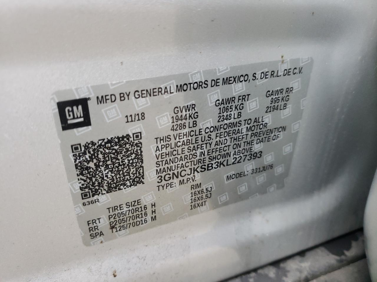 Photo 10 from auction – 2019 CHEVROLET TRAX LS with VIN 3GNCJKSB3KL227393