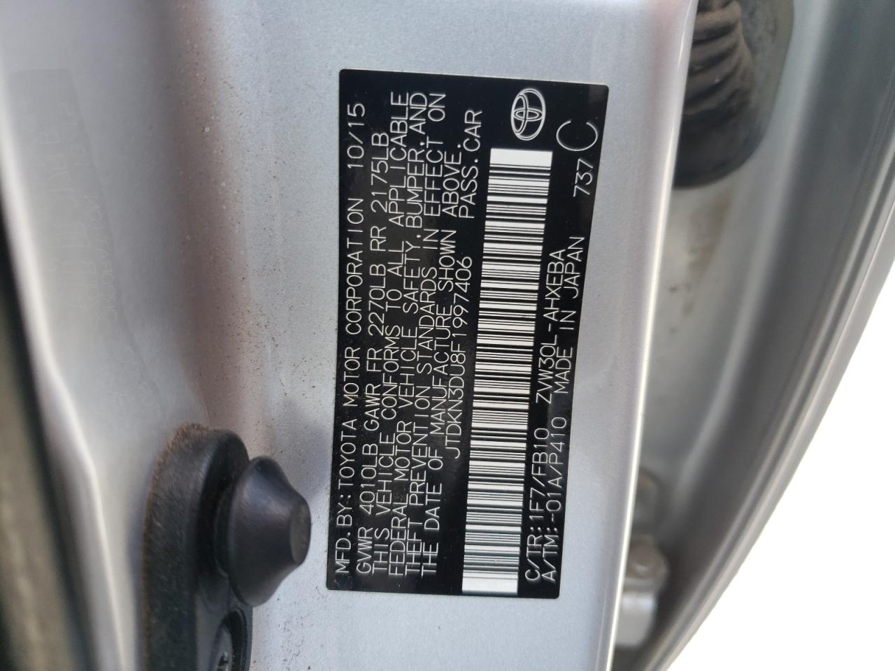 Photo 10 from auction – 2015 TOYOTA PRIUS with VIN JTDKN3DU8F1997406
