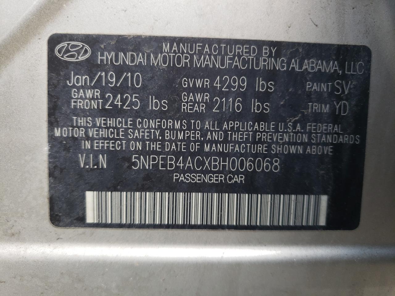 Photo 10 from auction – 2011 HYUNDAI SONATA GLS with VIN 5NPEB4ACXBH006068