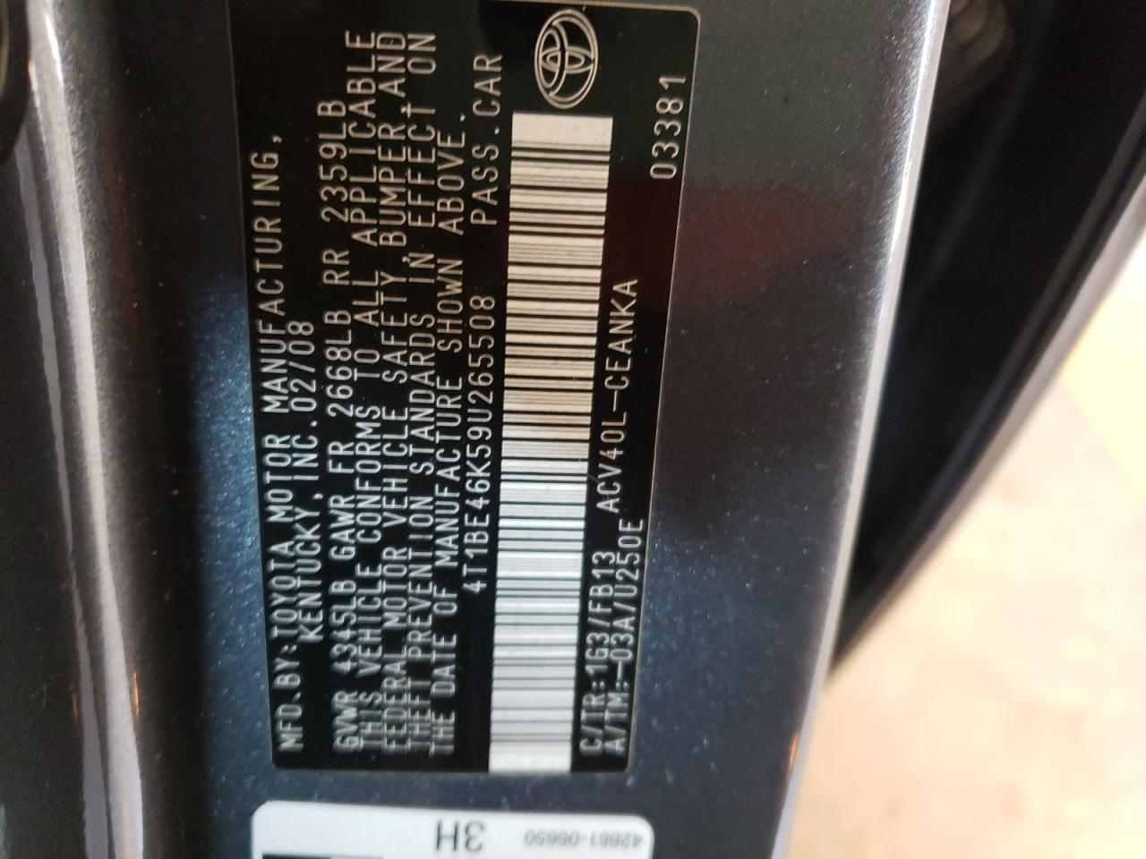 Photo 10 from auction – 2009 TOYOTA CAMRY BASE with VIN 4T1BE46K59U265508