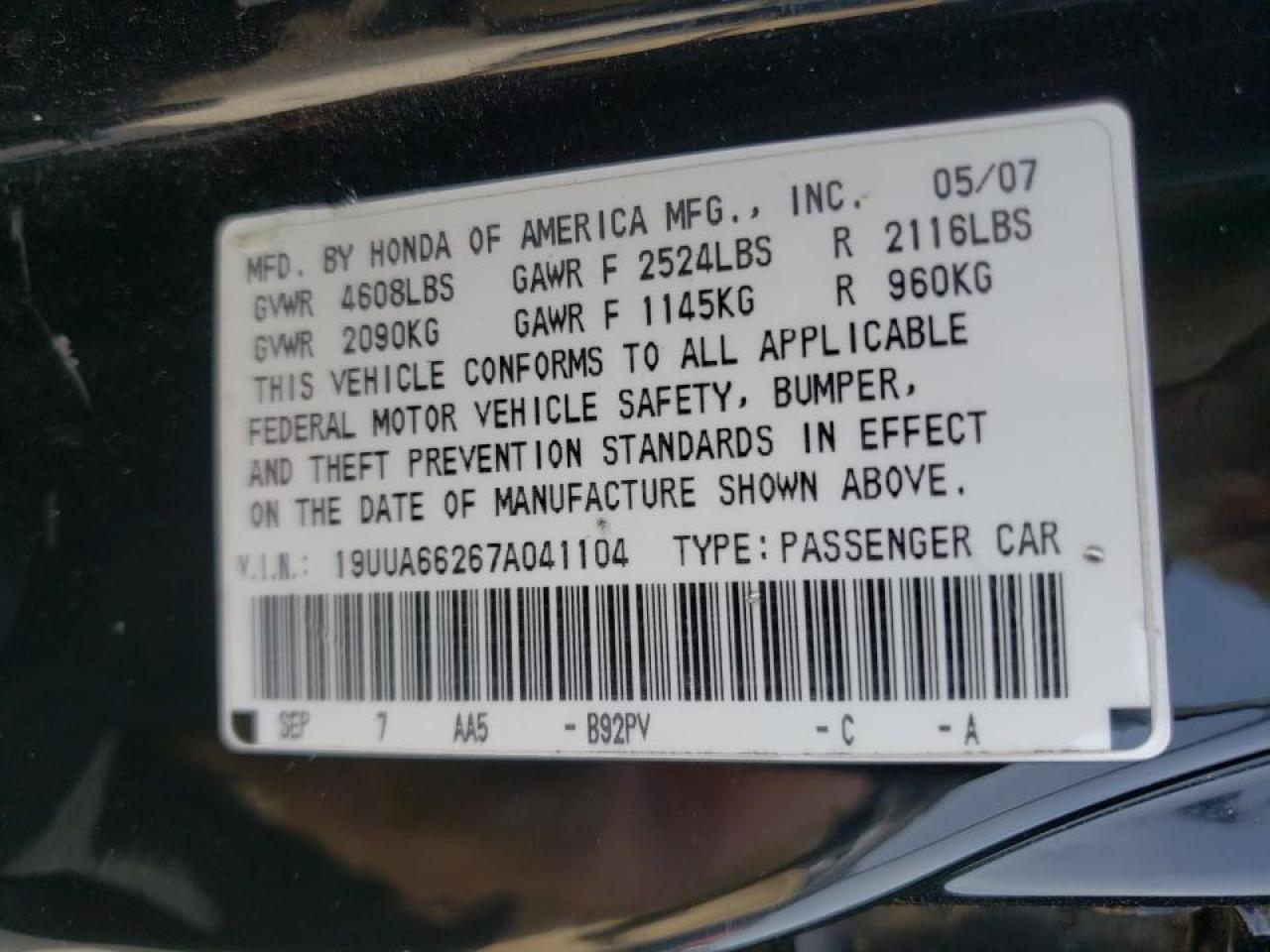 Photo 10 from auction – 2007 ACURA TL with VIN 19UUA66267A041104