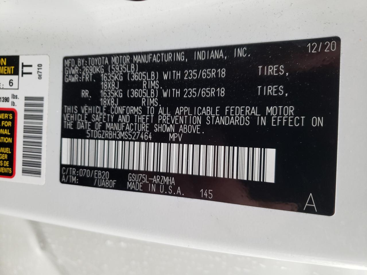 Photo 10 from auction – 2021 TOYOTA HIGHLANDER with VIN 5TDGZRBH3MS527464