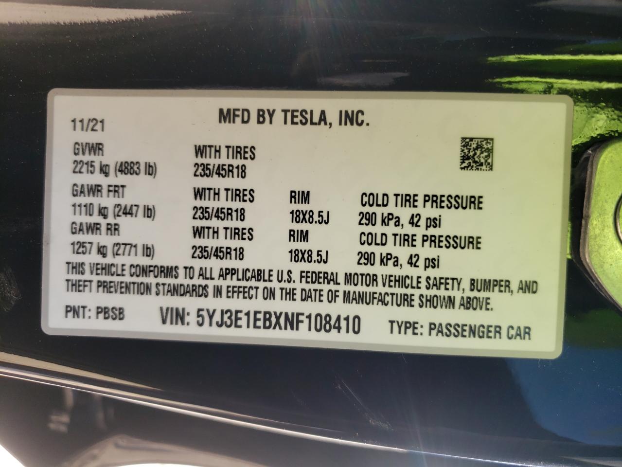 Photo 10 from auction – 2022 TESLA MODEL 3 with VIN 5YJ3E1EBXNF108410