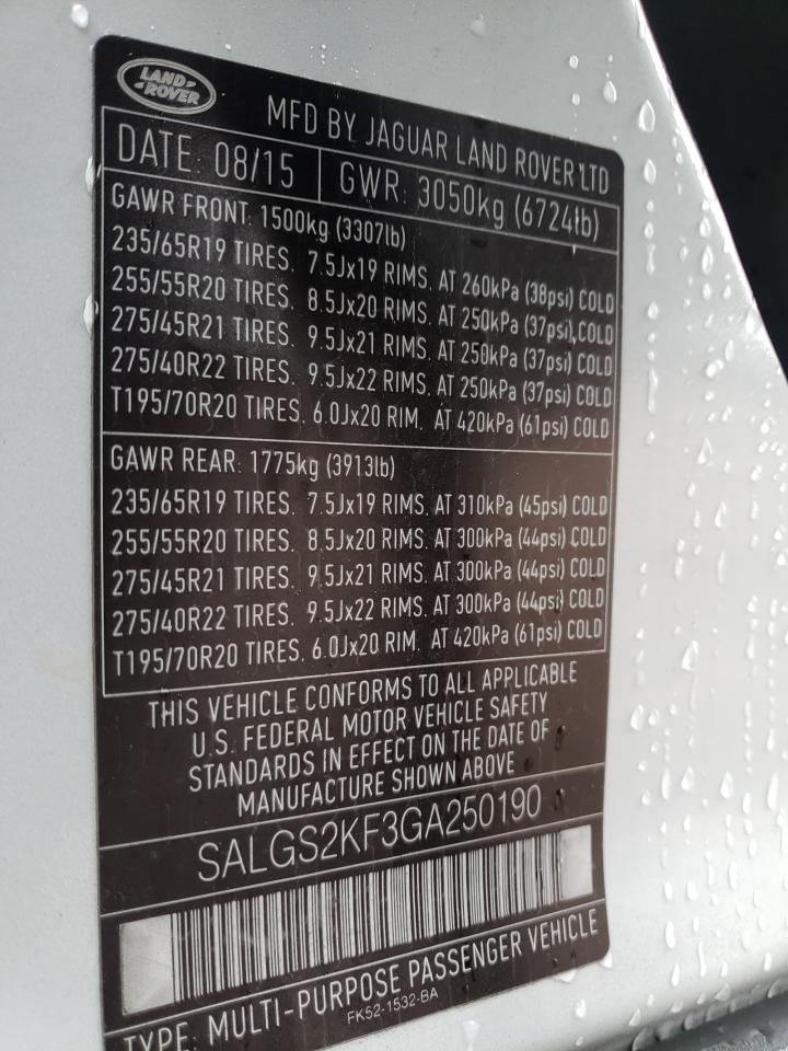 Photo 10 from auction – 2016 LAND ROVER RANGE ROVE with VIN SALGS2KF3GA250190