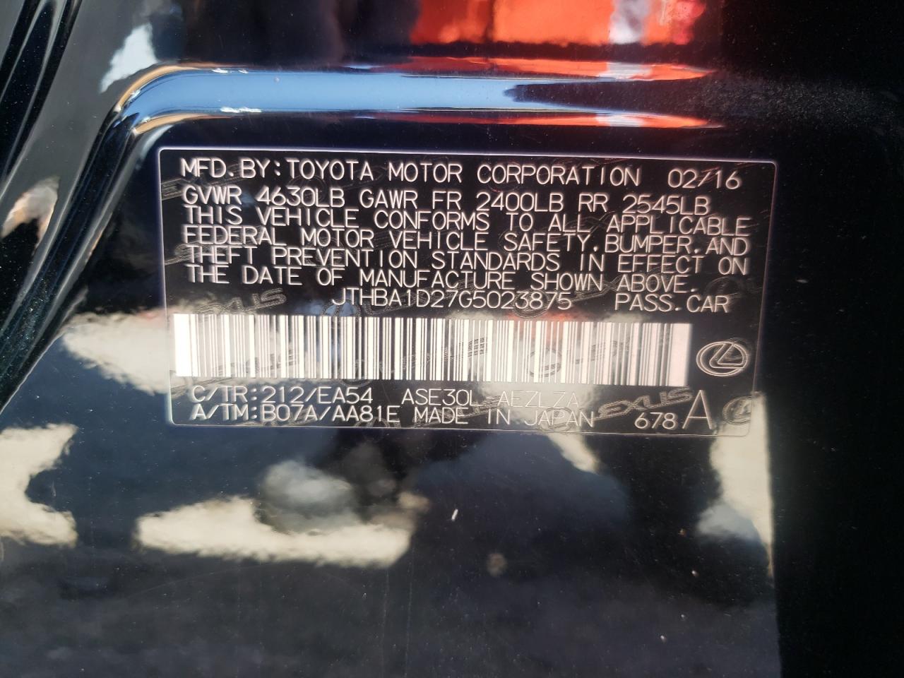 Photo 10 from auction – 2016 LEXUS IS 200T with VIN JTHBA1D27G5023875