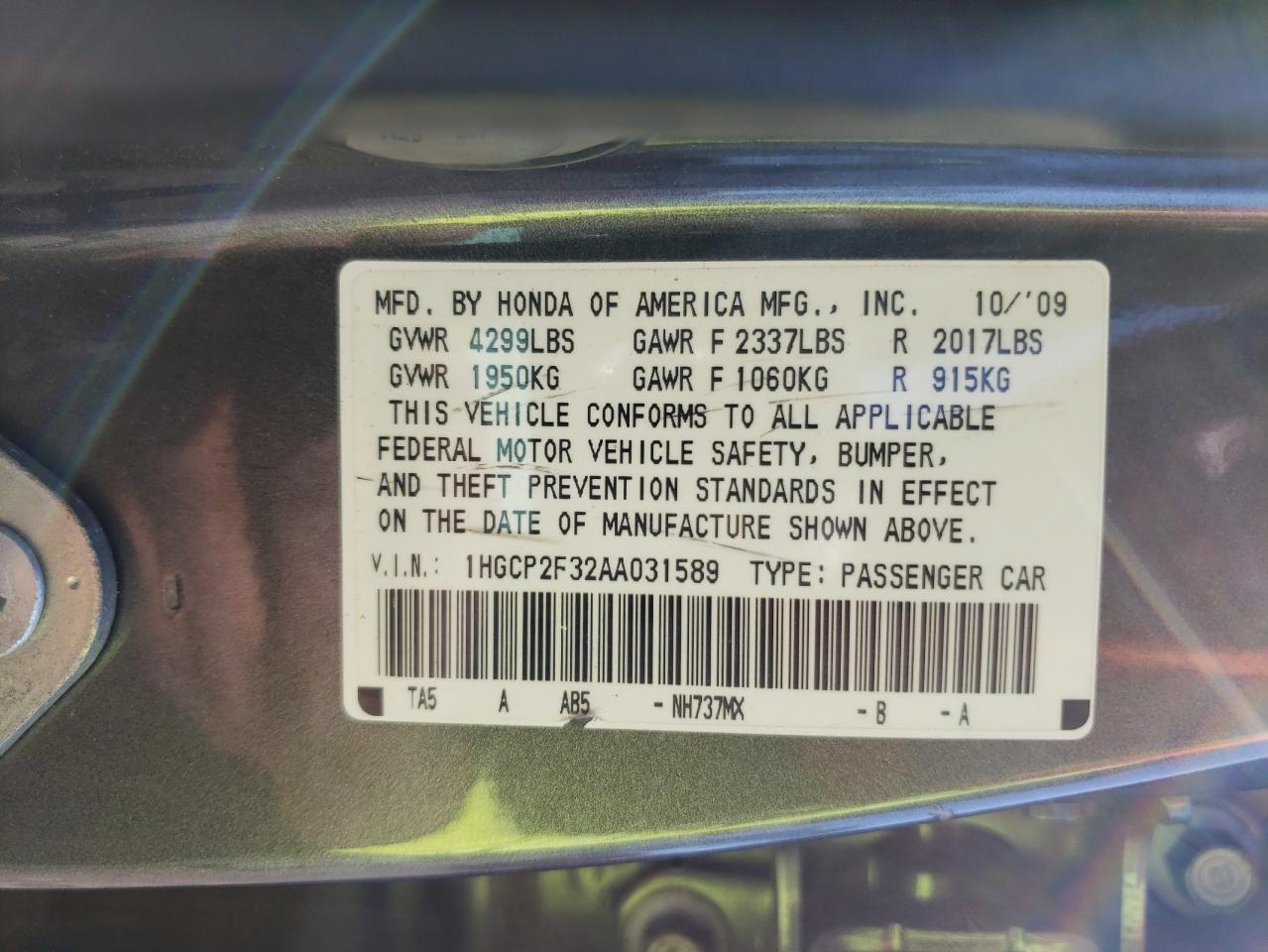 Photo 10 from auction – 2010 HONDA ACCORD LX with VIN 1HGCP2F32AA031589