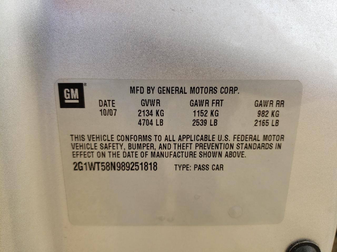 Photo 10 from auction – 2008 CHEVROLET IMPALA LT with VIN 2G1WT58N989251818