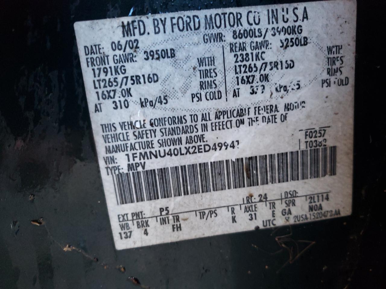 Photo 10 from auction – 2002 FORD EXCURSION with VIN 1FMNU40LX2ED49941