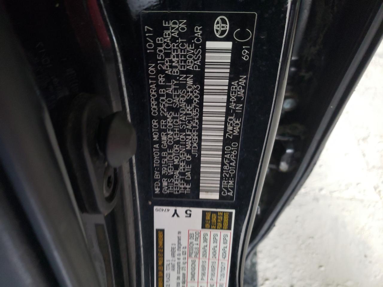 Photo 10 from auction – 2017 TOYOTA PRIUS with VIN JTDKBRFU5H3579093