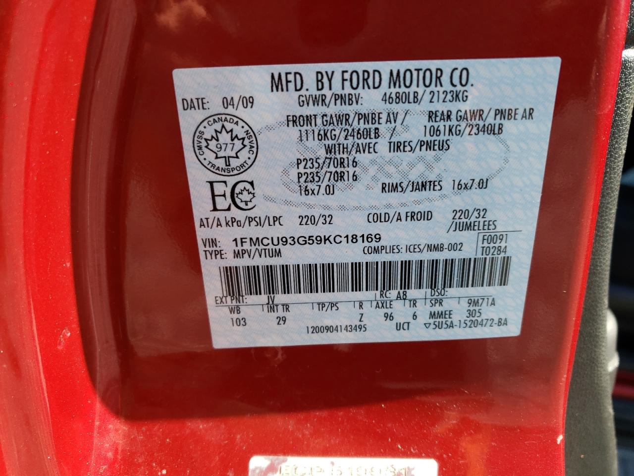 Photo 10 from auction – 2009 FORD ESCAPE XLT with VIN 1FMCU93G59KC18169