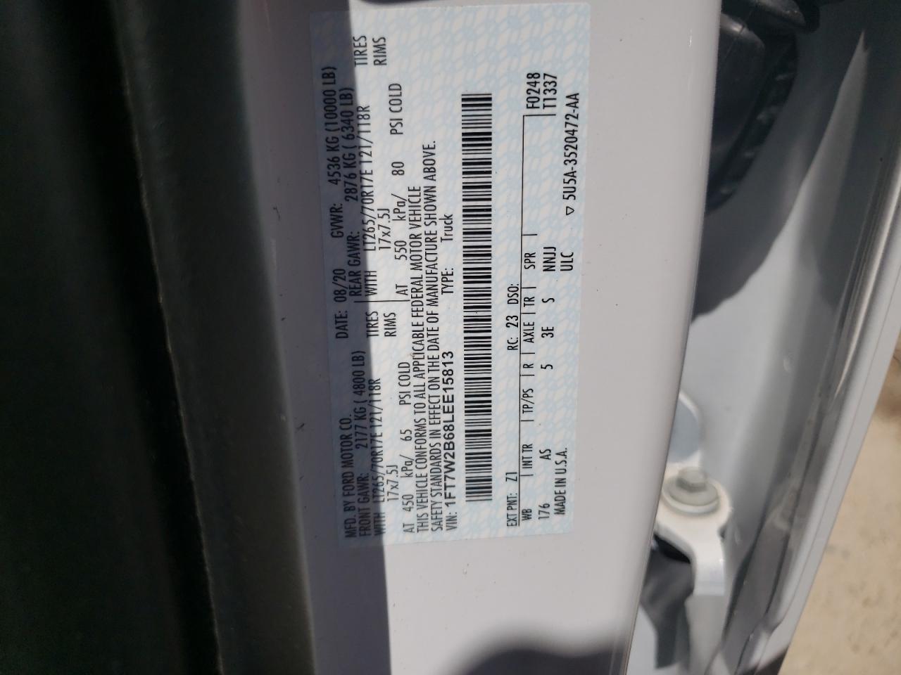Photo 10 from auction – 2020 FORD F250 SUPER with VIN 1FT7W2B68LEE15813