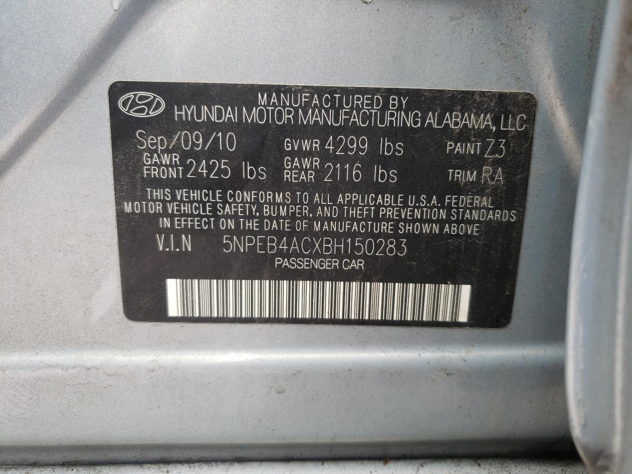 Photo 10 from auction – 2011 HYUNDAI SONATA GLS with VIN 5NPEB4ACXBH150283