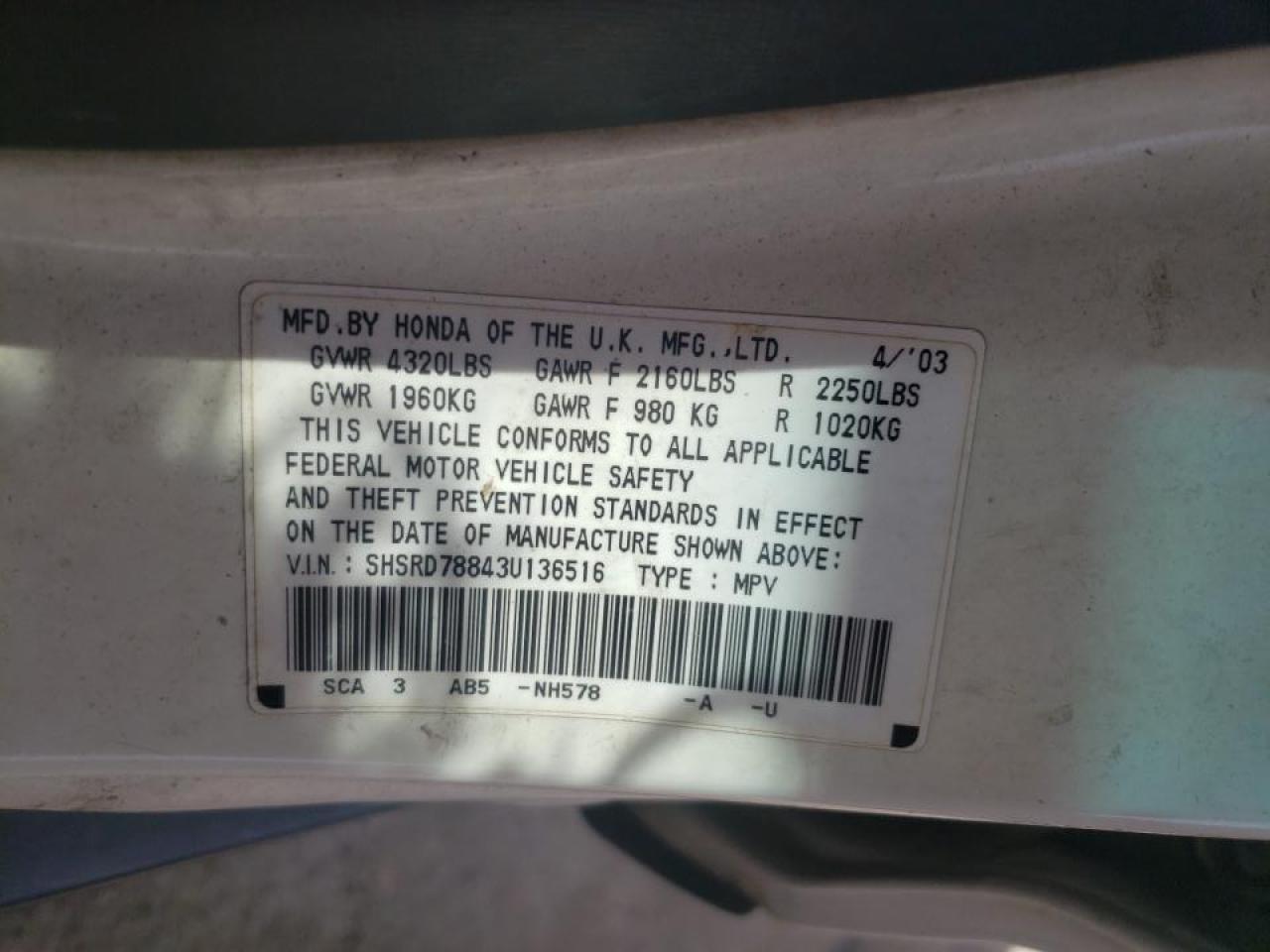 Photo 10 from auction – 2003 HONDA CR-V EX with VIN SHSRD78843U136516