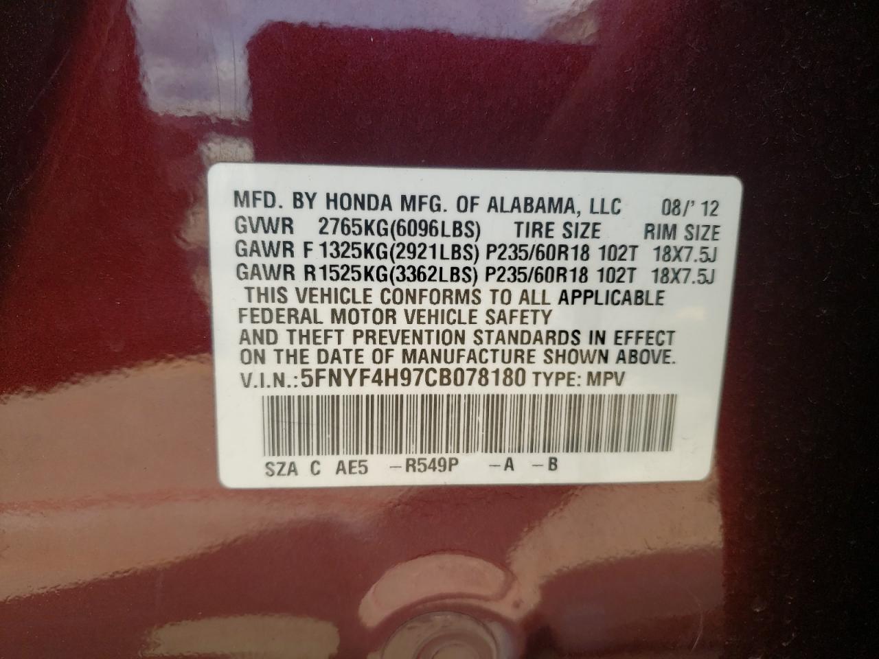 Photo 10 from auction – 2012 HONDA PILOT TOUR with VIN 5FNYF4H97CB078180